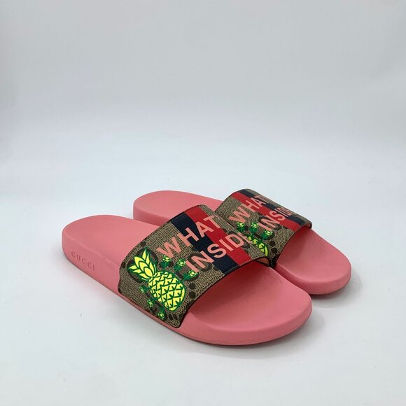 Gucci Pink Slide Sandals With Pineapple Print Strap & "Whats Inside" Design - Picture 2 of 9